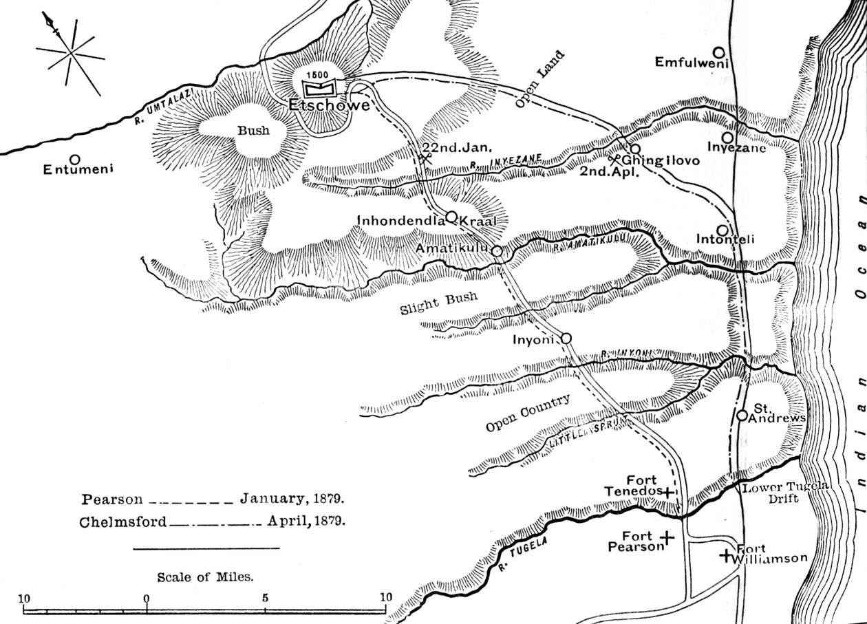 Plano das marchas de Pearson em janeiro de 1879 e de Chelmsford em abril de 1879 para Etschowe, c1880 de Unbekannt