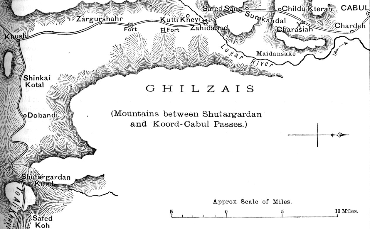 Plano da estrada do passo Shutargardan para Cabul, c1880 de Unbekannt