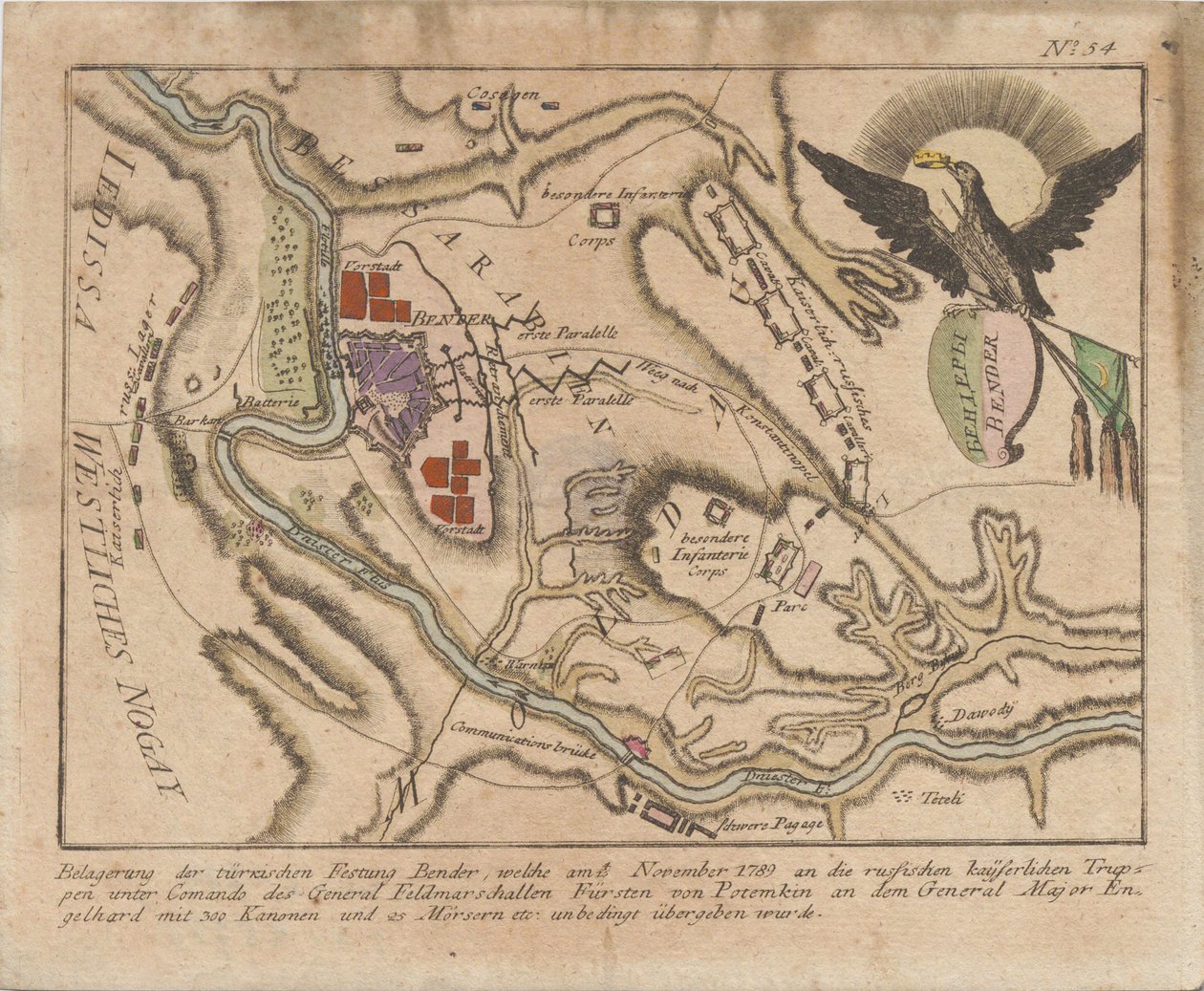 Plano do cerco da fortaleza turca de Bender pelo exército russo em Novembro de 1789, 1789. de Unbekannt
