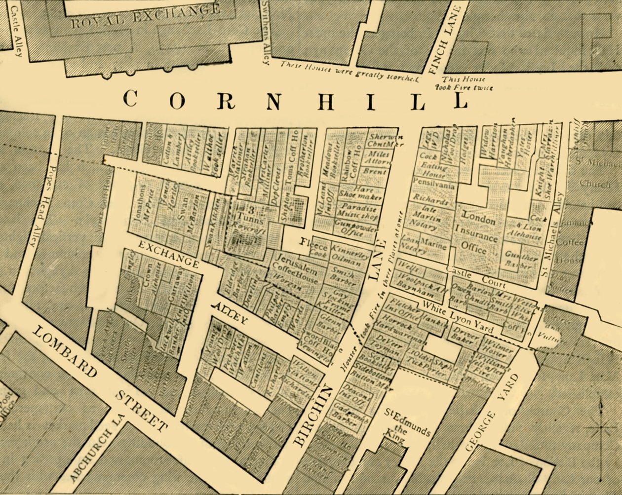 Plano que mostra a extensão do grande incêndio em Cornhill em 1748, c1872. de Unbekannt