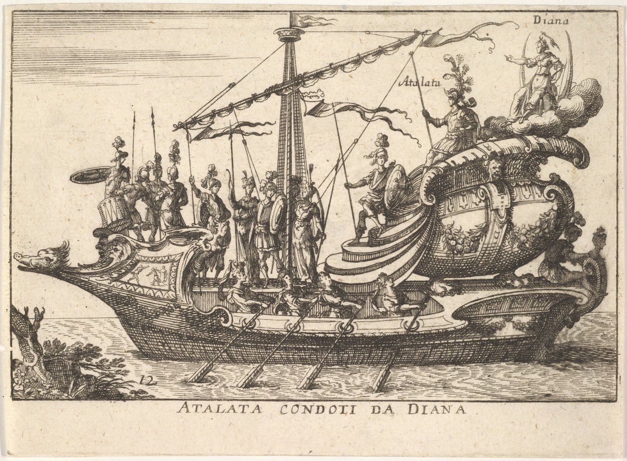 Ilustração 12: Atalanta liderada por Diana Atalata condoti da Diana, acompanhada por guerreiros carregando ..., 1664. de Unbekannt