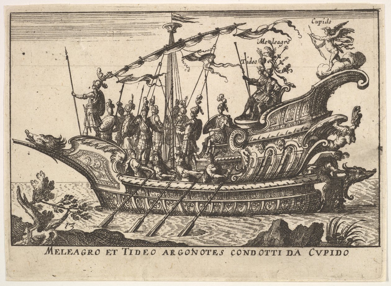 Ilustração 13: Argonautas MELEAGER e provocação liderada por Cupid Meleagro e maré Argonotes condotti ..., 1664. de Unbekannt