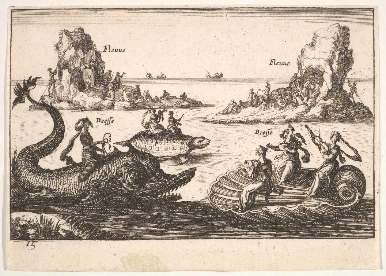 Ilustração 15: Rios e deusas, com ilhas flutuantes guiadas por portadores de mastros, figura feminina ..., 1664. de Unbekannt