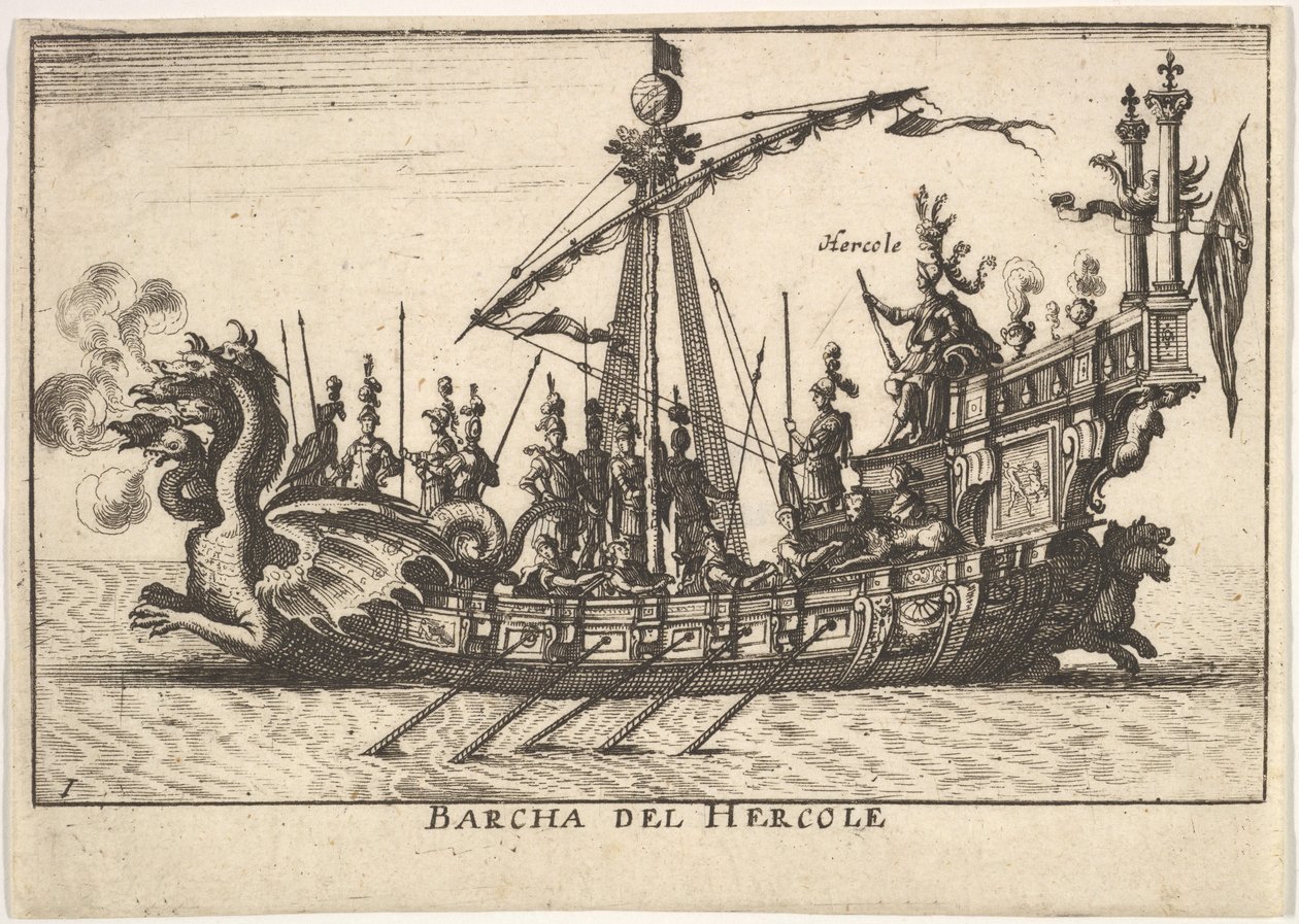 Ilustração 1: Navio de Hércules Barcha del Hercole, com proa com cabeça de dragão e Hércules em pl ..., 1664. de Unbekannt