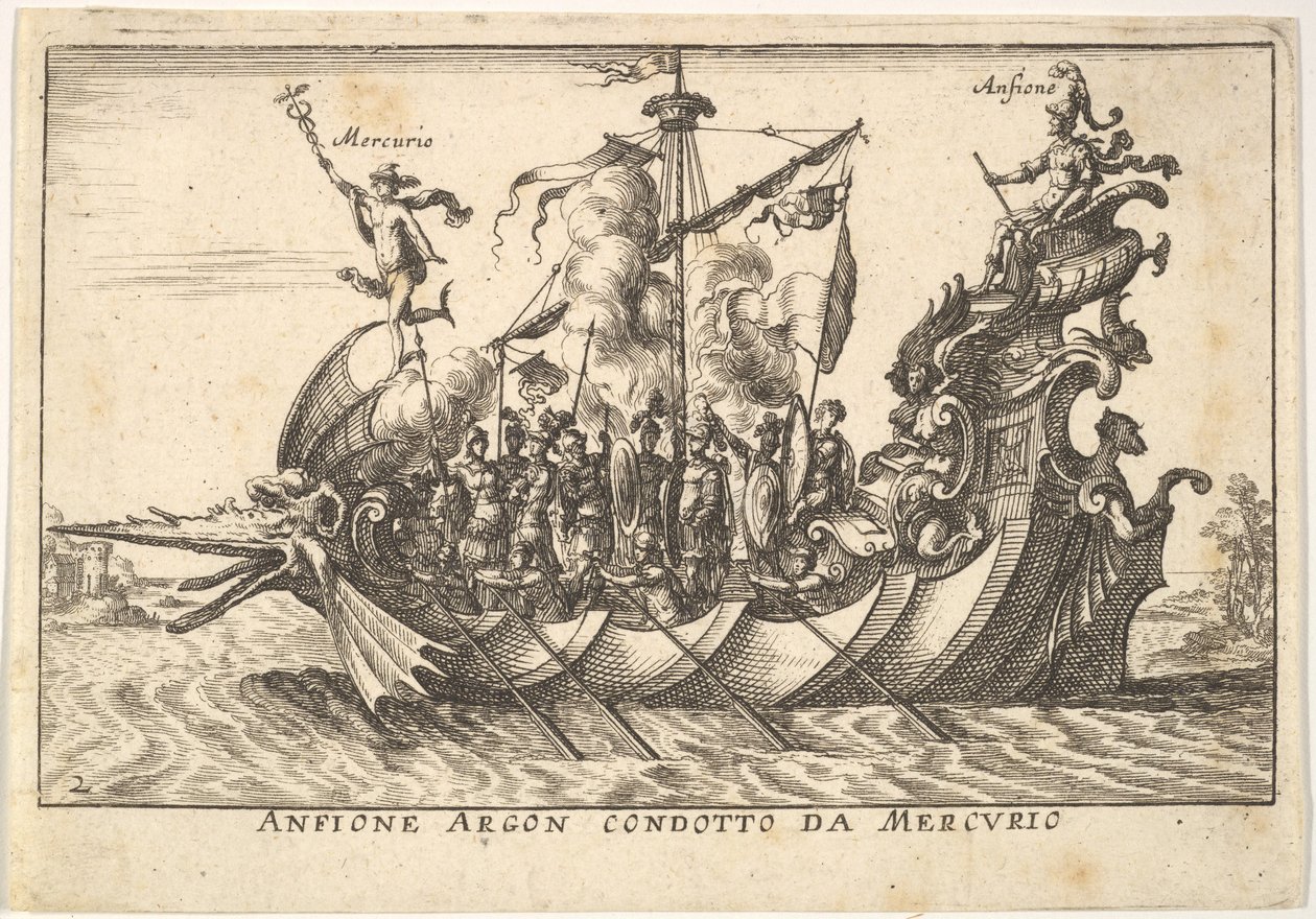 Ilustração 2: O Argonauta Amphion liderado por Mercury Anfione Argon. condotto da Mercurio, com ..., 1664. de Unbekannt