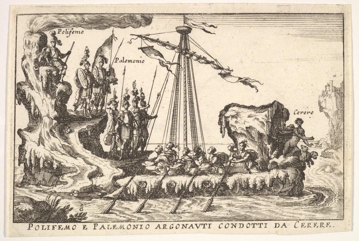 Ilustração 8: Polifemo e Palemonius liderados por Ceres Polifemo e Palemonio Argonauti condotti d ..., 1664. de Unbekannt