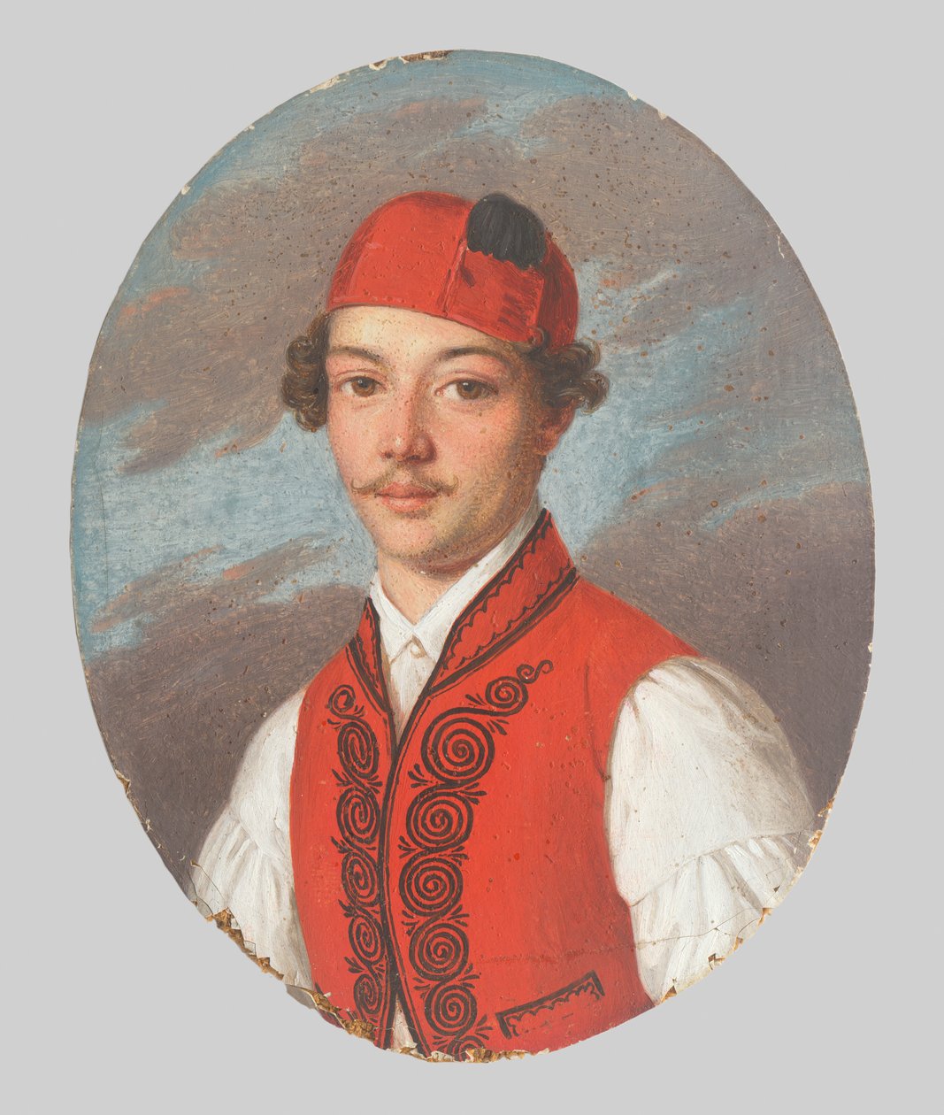 Retrato de jovem homem de veste vermelho e chapéu dálmata de Unbekannt