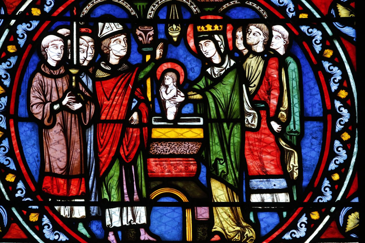 Igreja colegial envenenada. Janela de vidro manchado. Batismo de Saint Louis, Poissy, França. de Unbekannt