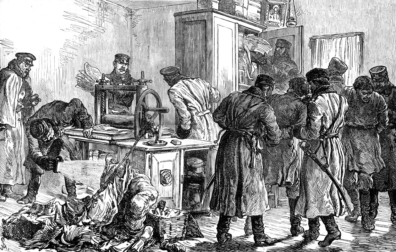 Polícia descobrindo uma prensa niilista, São Petersburgo, Rússia, 1887 de Unbekannt