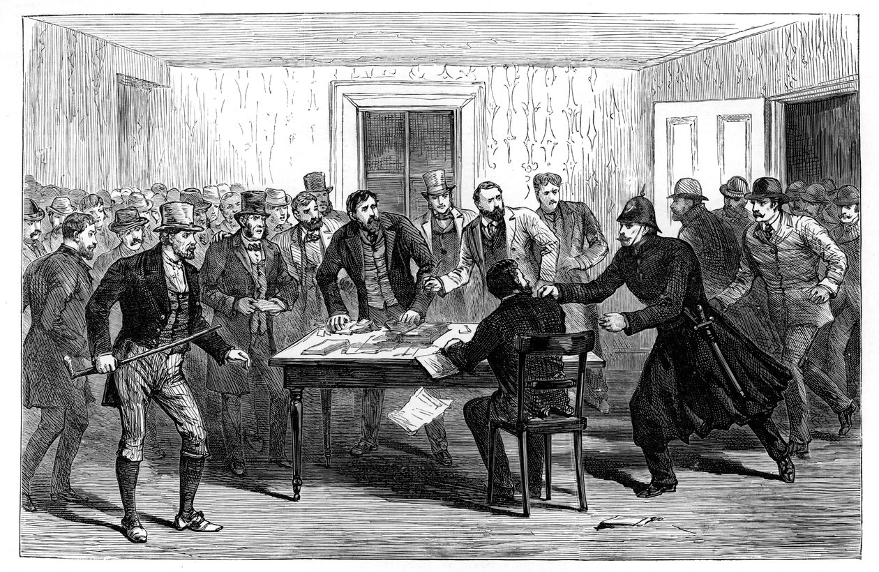 Invasão policial nos escritórios nacionais de aluguel em Loughrea, Irlanda, 1887 de Unbekannt