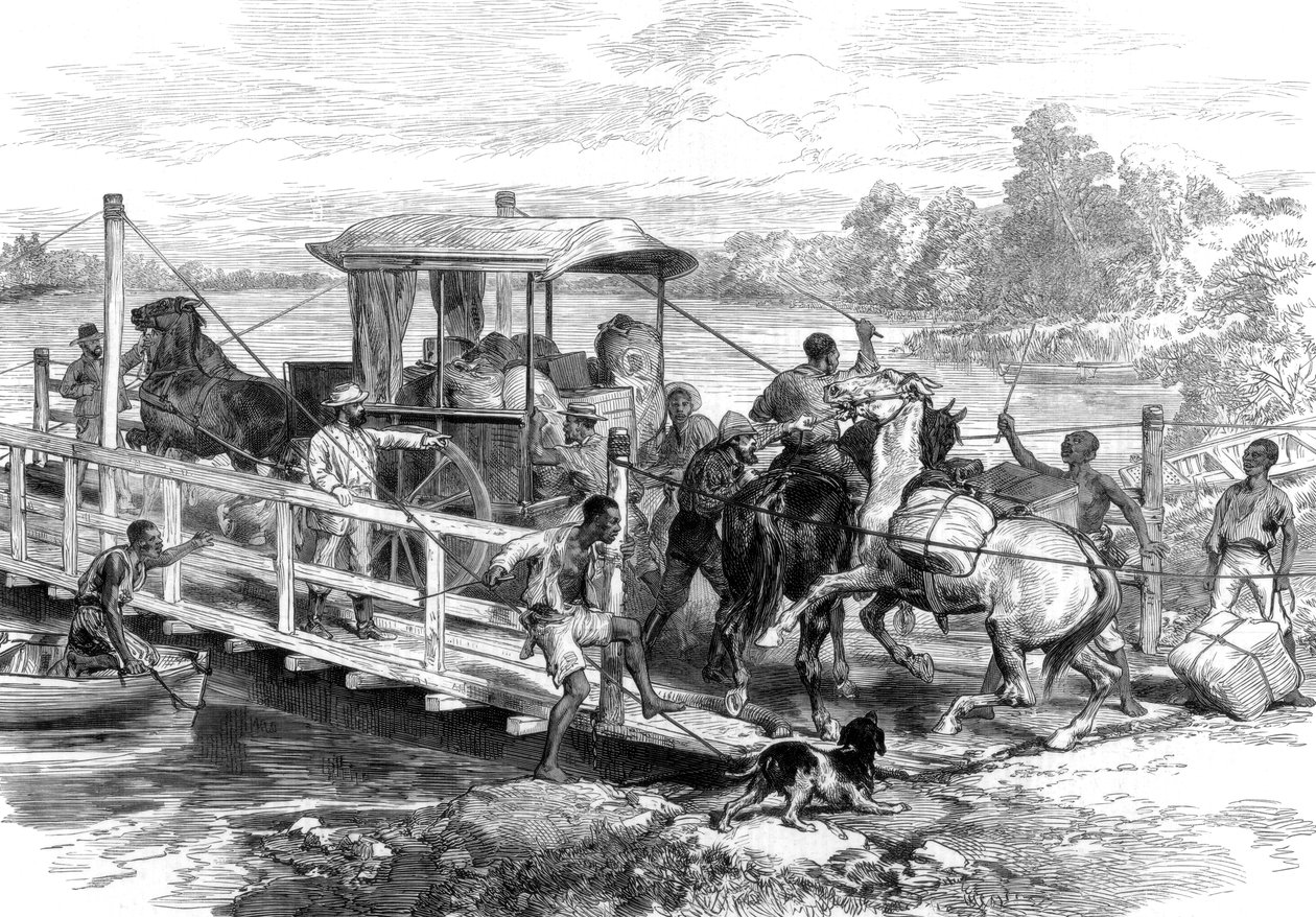 Pontão sobre o rio Vaal, Klipdrift, campos de diamantes da África do Sul, 1874 de Unbekannt