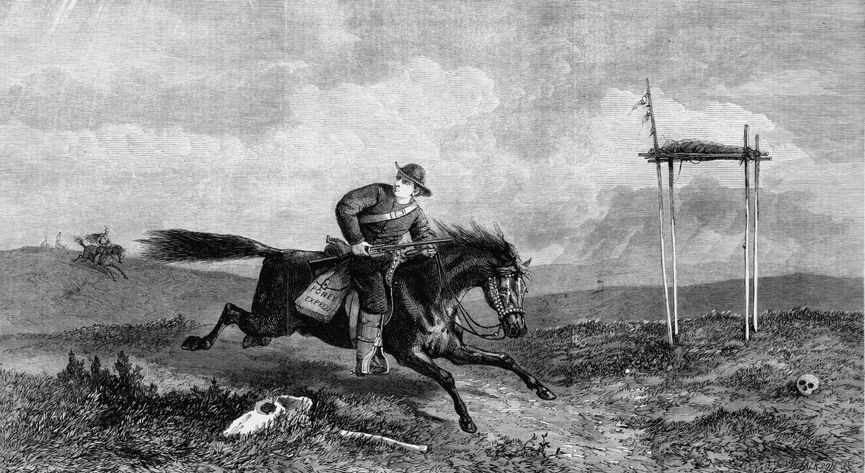 Piloto de Pony Express que atravessa país hostil perseguido por nativos americanos, 1861 de Unbekannt