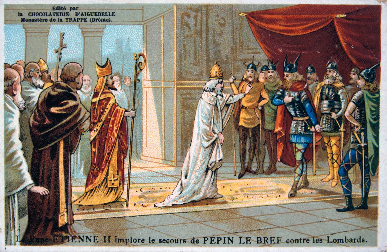 O Papa Estêvão II defende a segurança de Pepin, o Curto, dos lombardos, c750 dC, século XIX de Unbekannt