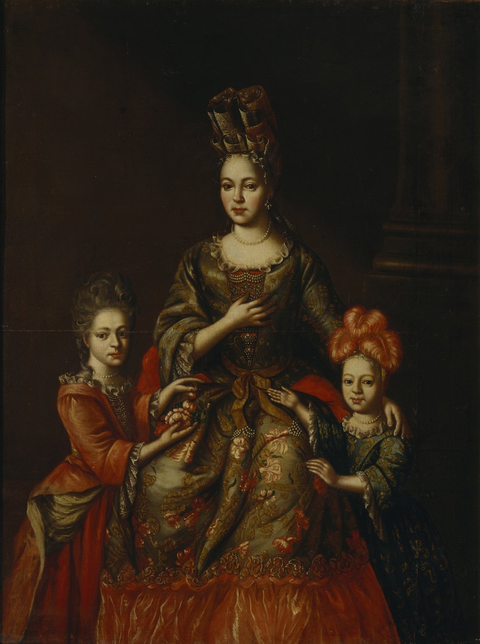 Retrato de Anastasiya Yakovlevna Naryshkina com crianças Alexandra Kirillovna e Tatyana Kirillovna, no início do século XVIII. de Unbekannt