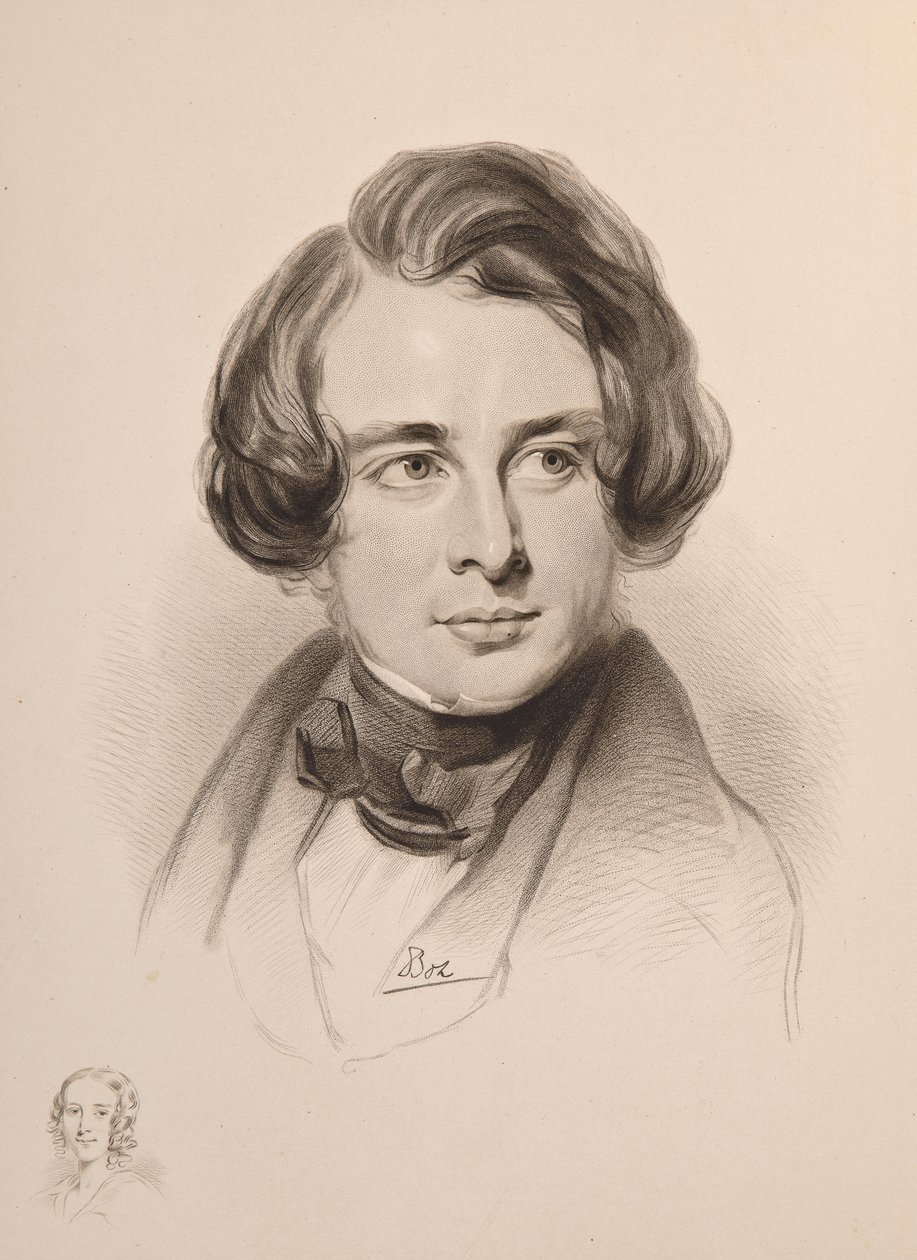 Retrato de Charles Dickens. Esboço da irmã de Dickens Fanny, em baixo à esquerda, 1842. de Unbekannt