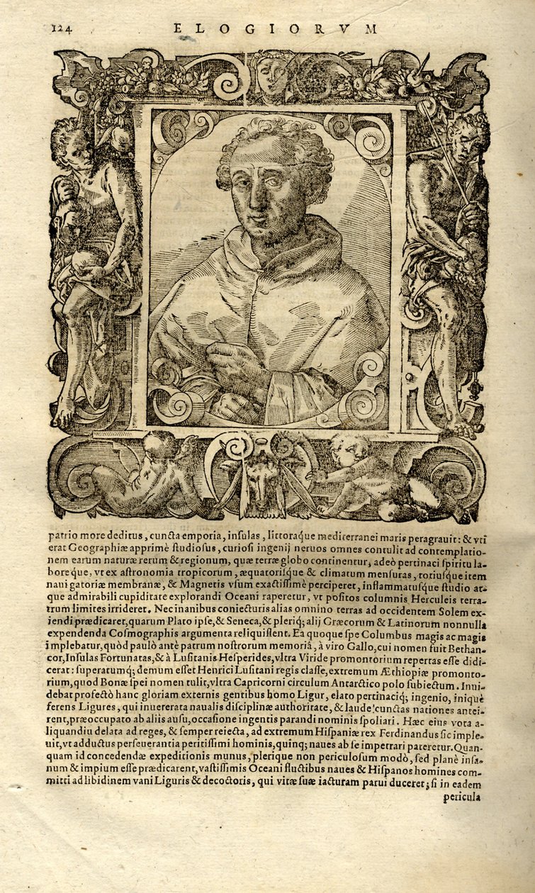 Retrato de Cristóvão Colombo. De Paedotrophia do poder militar distinguido por Paolo Giovio, de Unbekannt