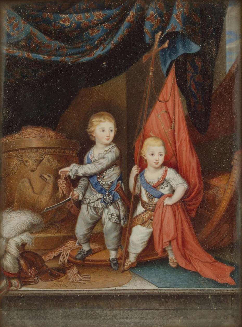 Retrato dos Grão-Duques Alexander Pavlovich e Constantine Pavlovich quando crianças, 1790 de Unbekannt