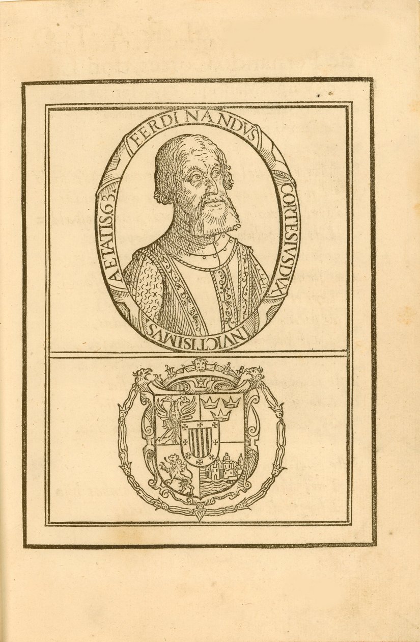Retrato de Hernán Cortés 1485-1547 com seu brasão de armas, 1588. de Unbekannt