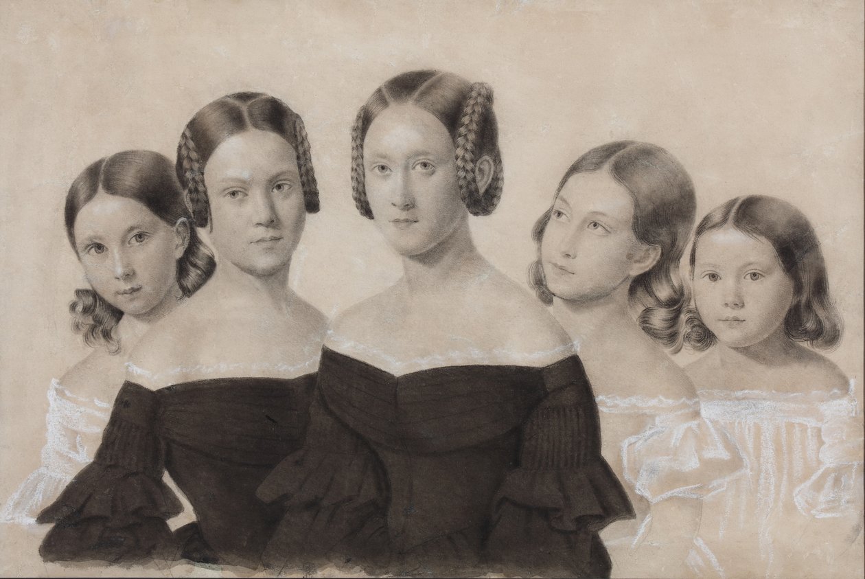 Retrato das irmãs Yelisaveta, Maria, Praskovya, Alexandra e Anna Dyakov, final da década de 1830 de Unbekannt