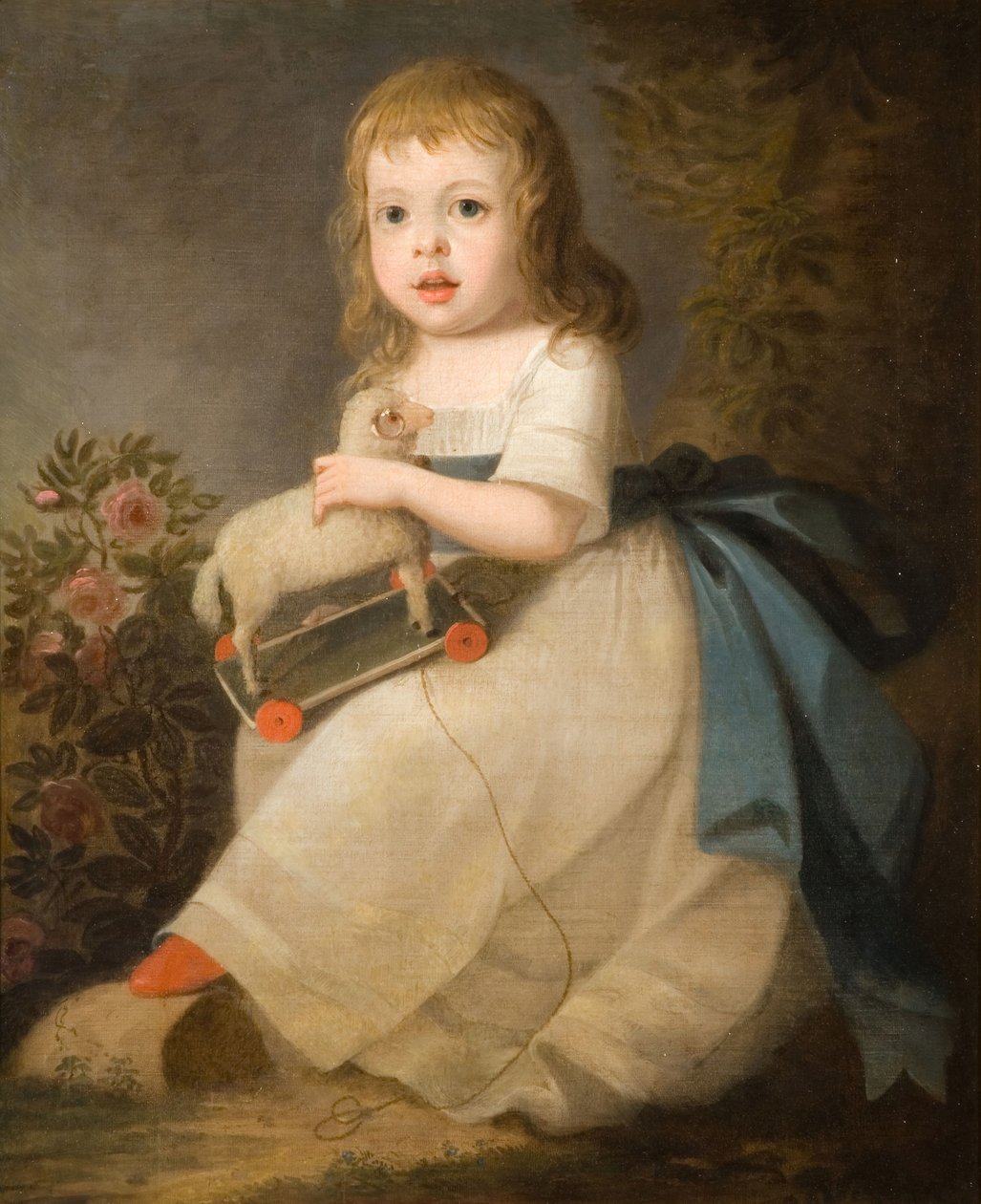 Retrato de uma criança com uma ovelha de brinquedo, 1850. de Unbekannt