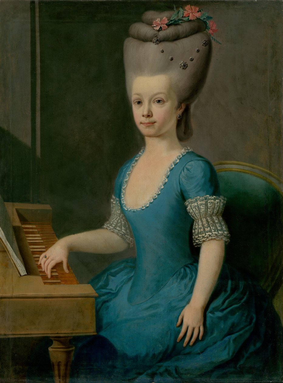 Retrato de uma menina de azul no cembalo de Unbekannt
