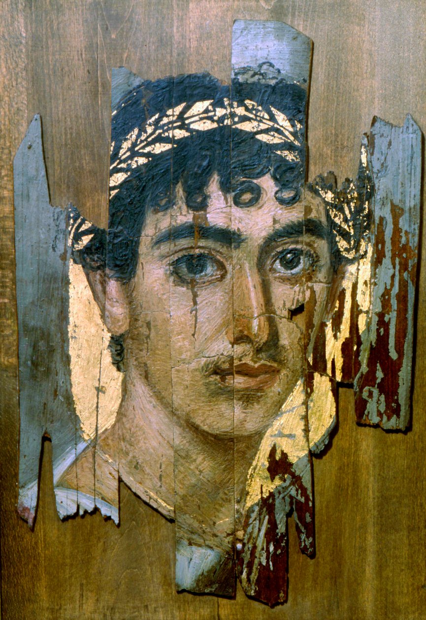 Retrato de um jovem em uma coroa de ouro, retrato de múmia de Fayum, romano-egípcio, início do século II de Unbekannt