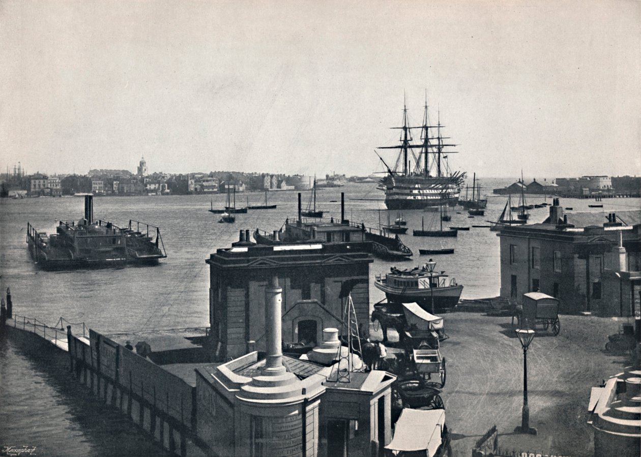 Portsmouth - vista geral do porto, mostrando o navio de guerra de Nelsons, a vitória, 1895 de Unbekannt