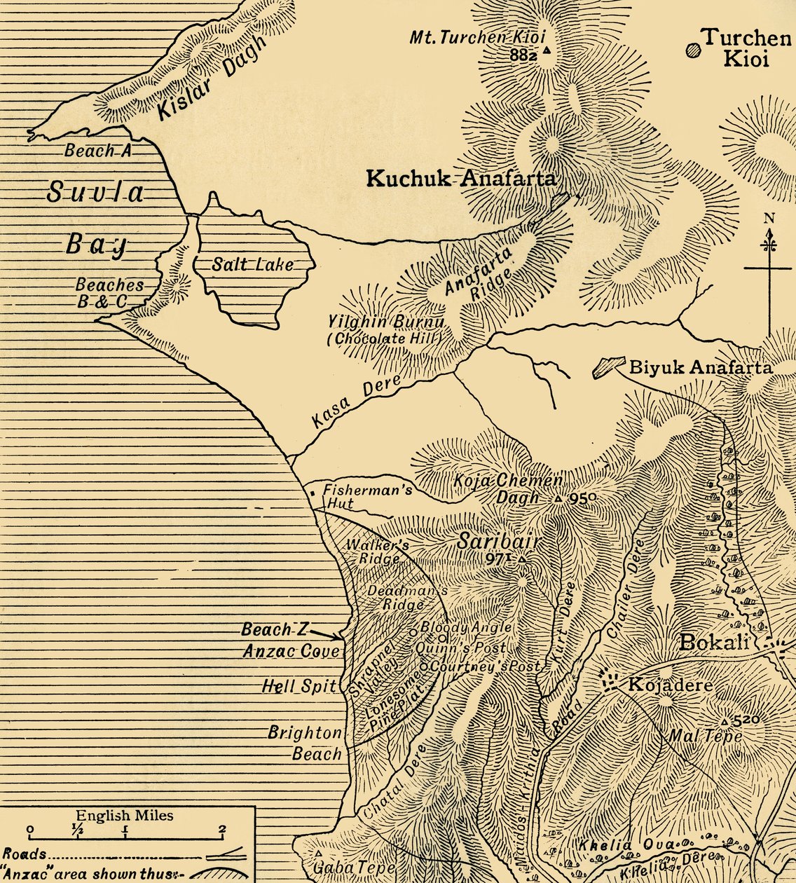 Posições das forças da ANZAC na península de Gallipoli na Turquia, Primeira Guerra Mundial, julho de 1915, c1920. de Unbekannt