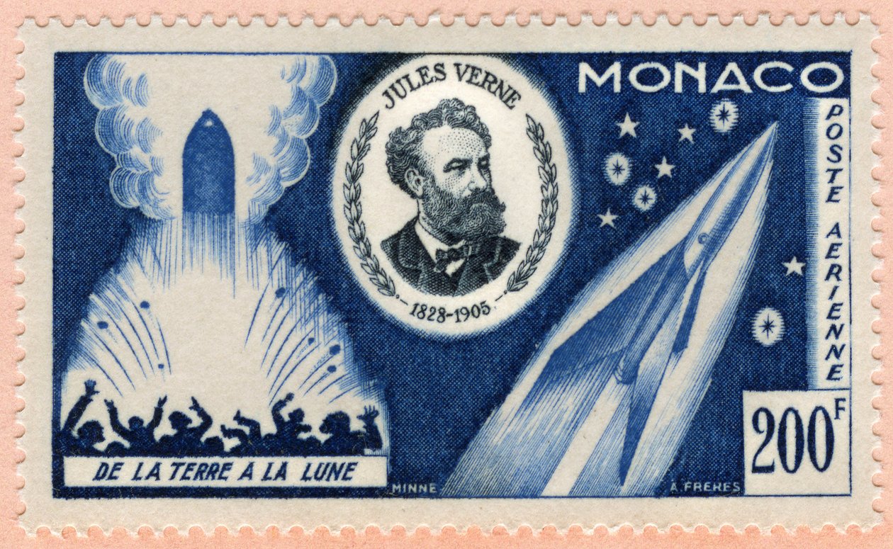 Selo postal emitido no Mónaco em 07/06/1955 para celebrar o cinquentenário da morte do escritor Jules Verne (impresso) de Unbekannt