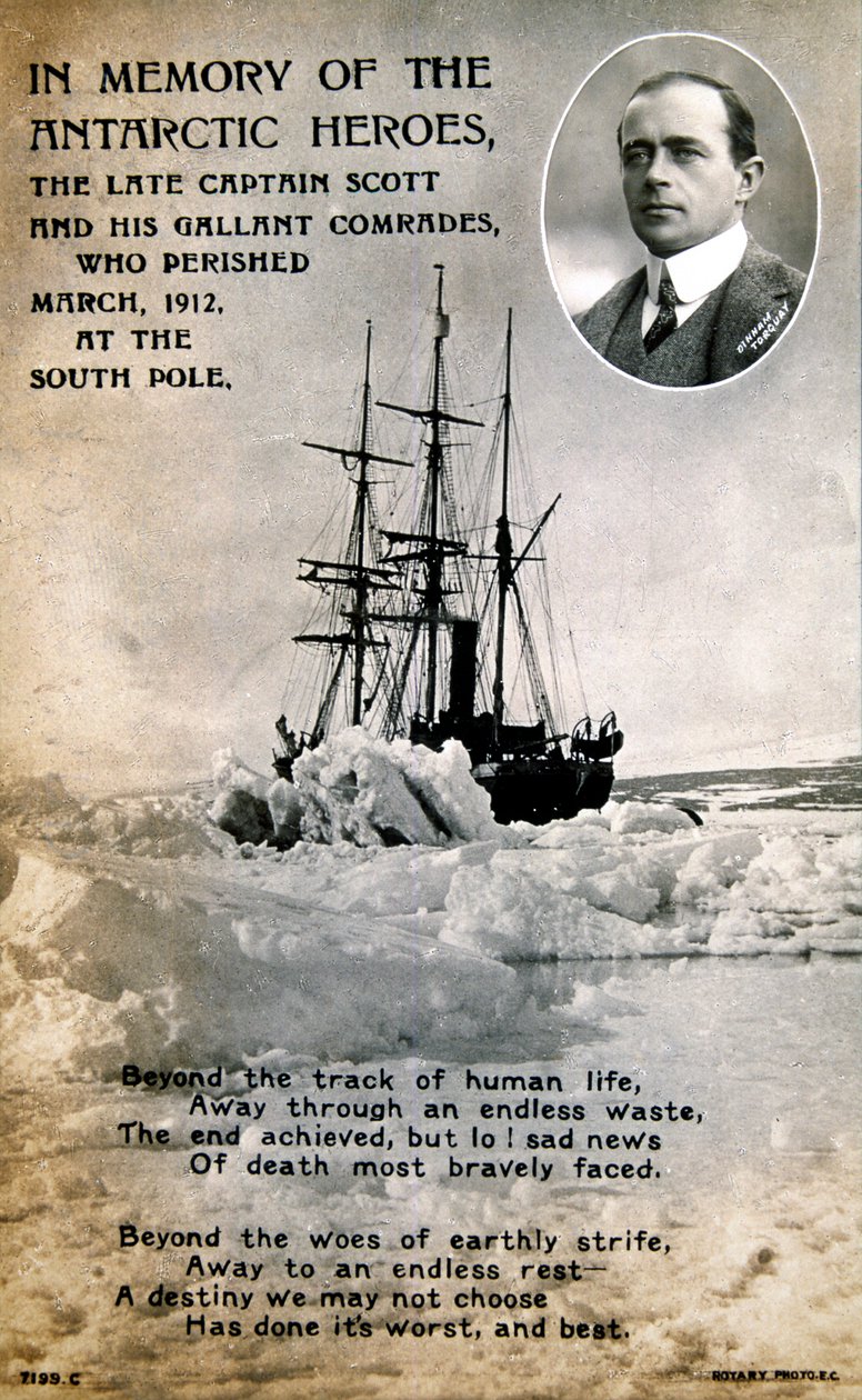 Cartão comemorativo da expedição infeliz do Capitão Scotts ao Polo Sul, c1912 de Unbekannt