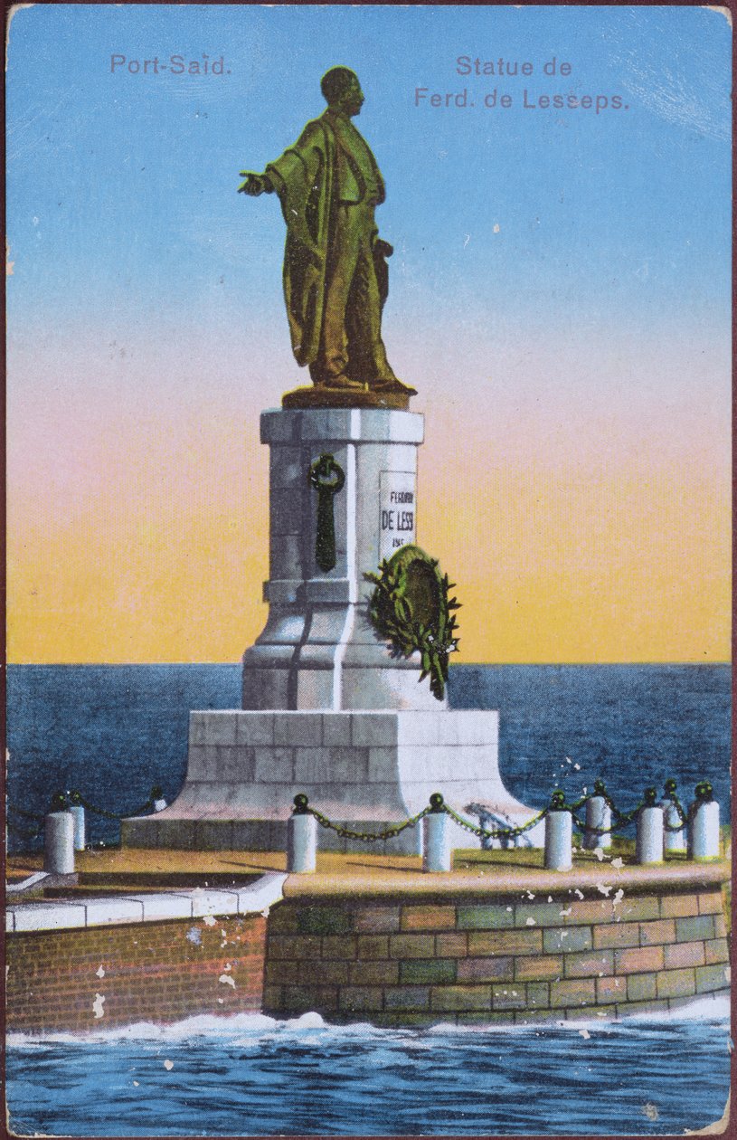 Cartão postal representando a Estátua de Fernando de Lesseps no Porto de Port Said Harbour, início do século XX (cor litho) (depois de uma foto) de Unbekannt