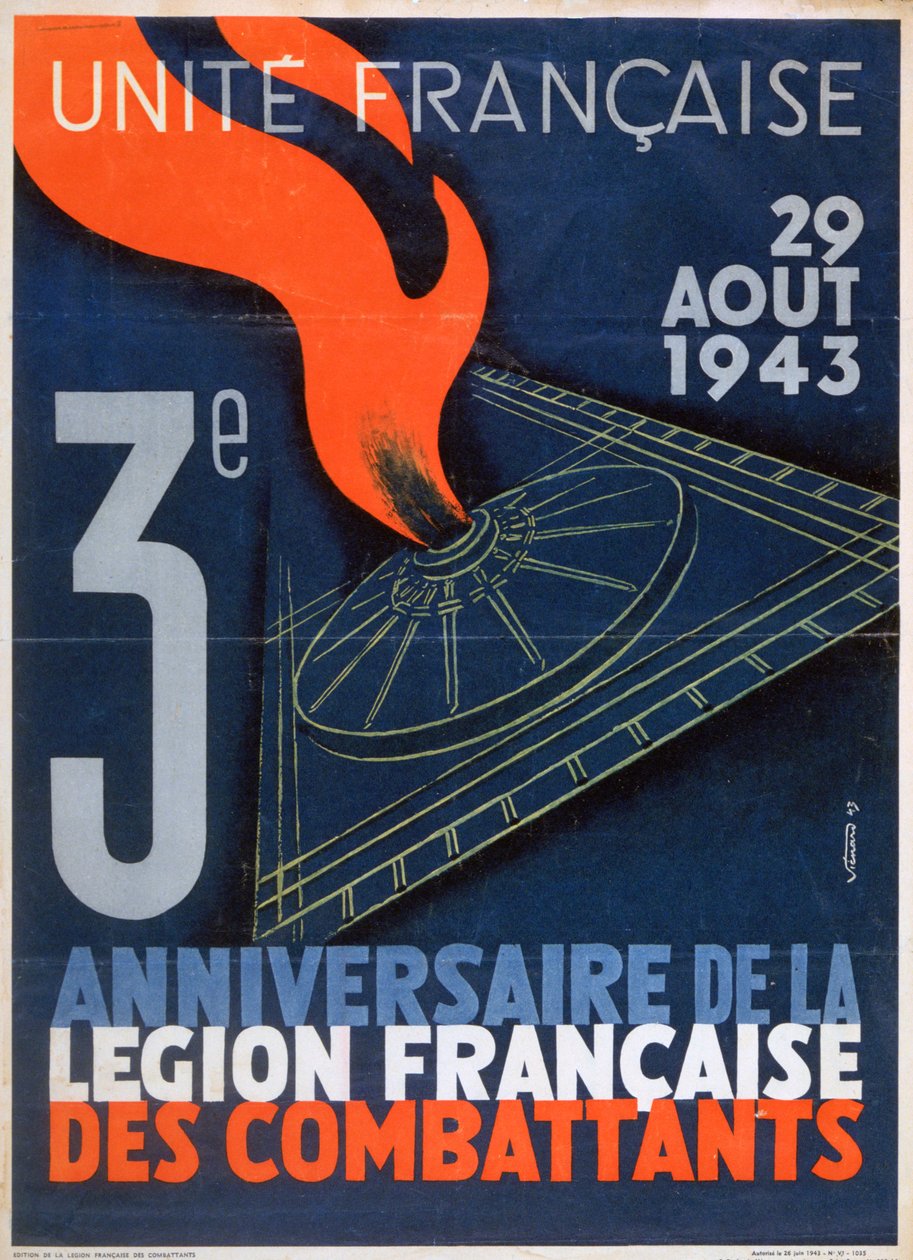 Cartaz para o 3º aniversário da fundação da Legião Francesa dos Combatentes, 1943 de Unbekannt