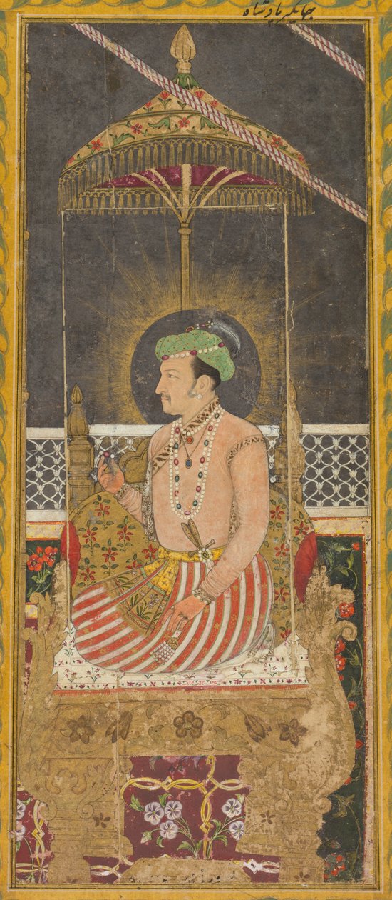 Retrato póstumo do imperador Jahangir sob um dossel reto, Caligrafia verso, c. 1650 de Unbekannt