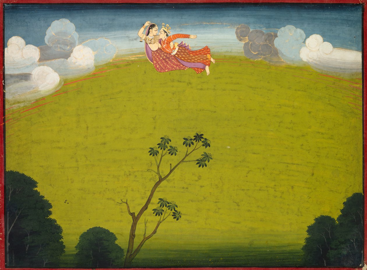 Pradyumna e Mayavati voam para Dvaraka, do Grande Basohli Bhagavata Purana, c. 1760-1765. de Unbekannt