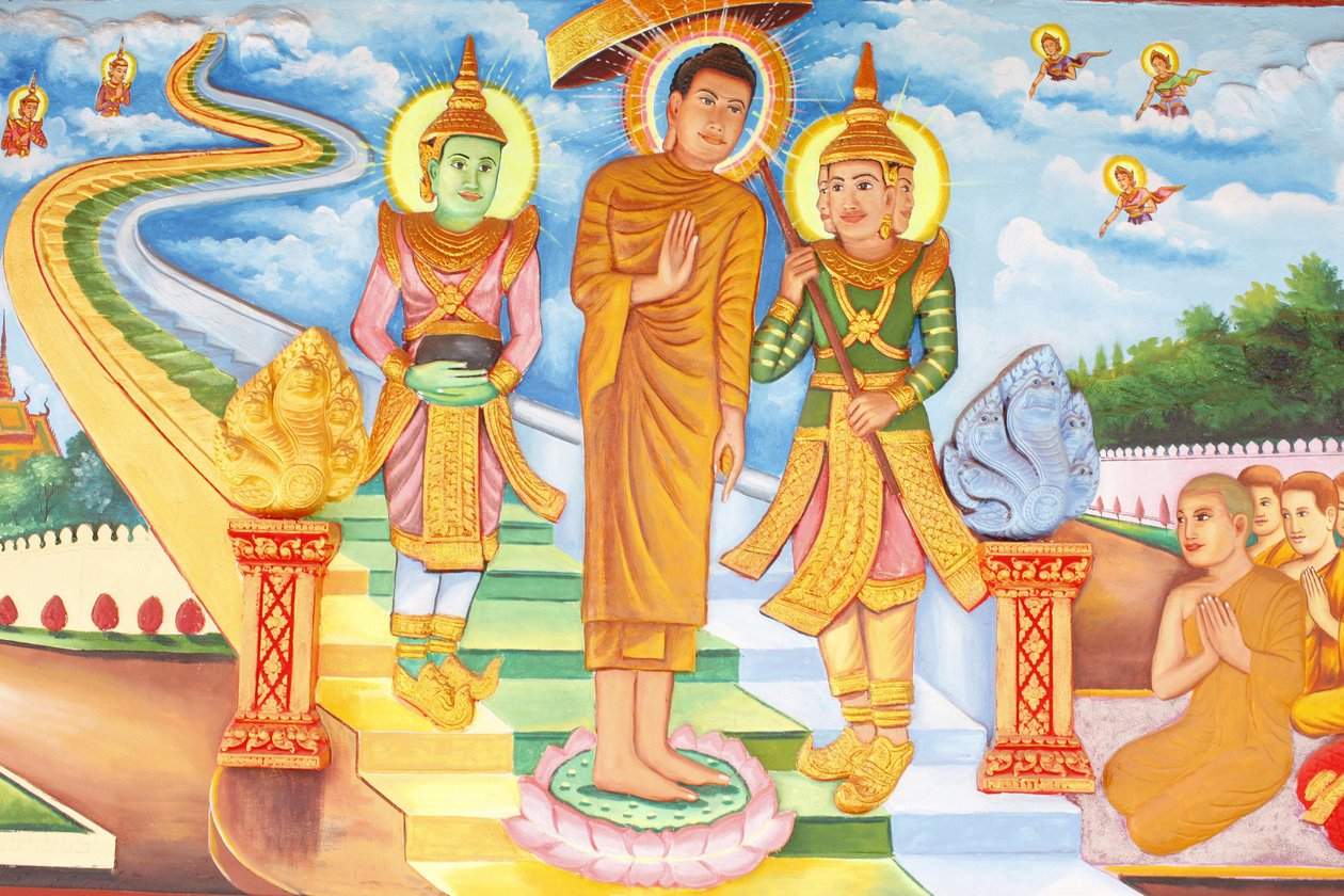 Preah Prom Prom Promessa Mosteiro de RathVida do BudaBuddha visitando o céu, e encontro com os deuses Indra e Brahma, Siem Reap, Camboja de Unbekannt