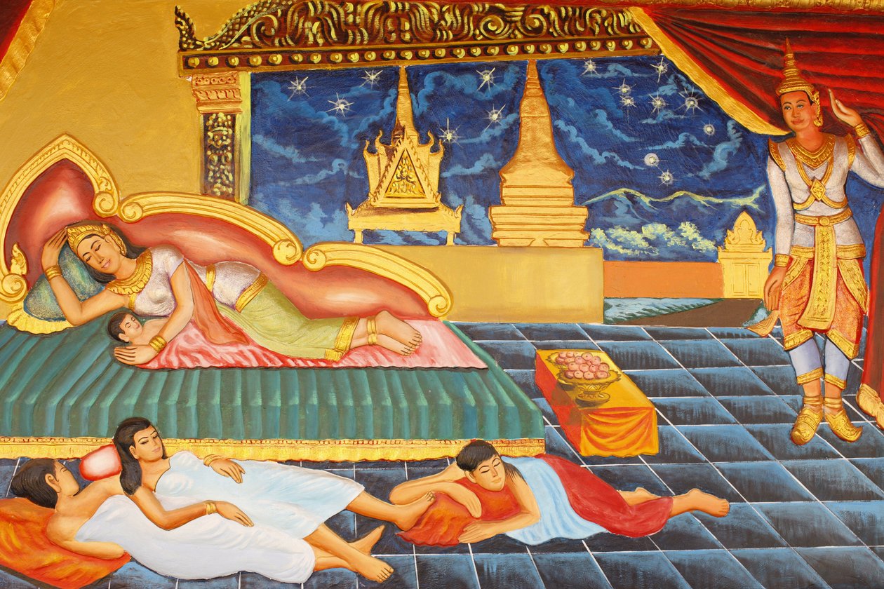 Preah Prom Promessa Mosteiro de RathVida do Buda Por um tempo o Príncipe voltou à vida palaciana, mas ele não teve nenhum prazer nissoA notícia de que sua esposa Yasodhara havia dado à luz um filho não lhe agradouO filho se chamava Rahula, Siem Reap, Cambo de Unbekannt