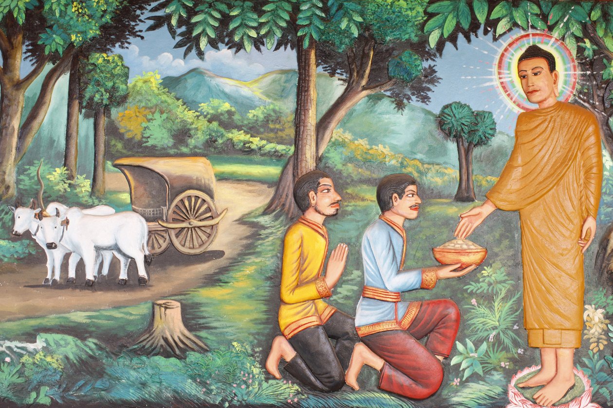 Mosteiro de Rath Preah Prom Prom Prom Promessa Vida do BuddhaSiddhartha Gautama recebeu comida dada por dois Brahmans, Siem Reap, Camboja de Unbekannt