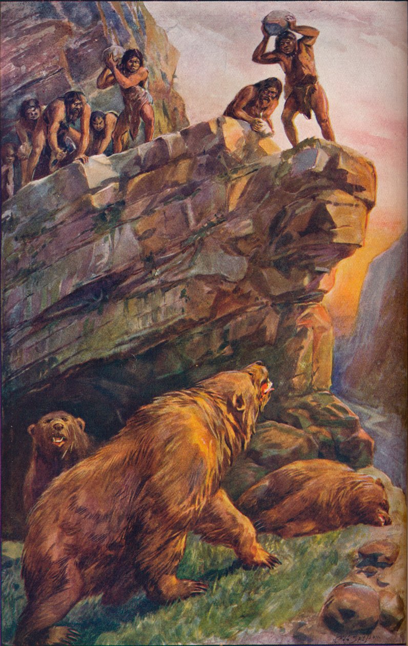 Homens pré-históricos atacando grandes ursos das cavernas, 1907 de Unbekannt
