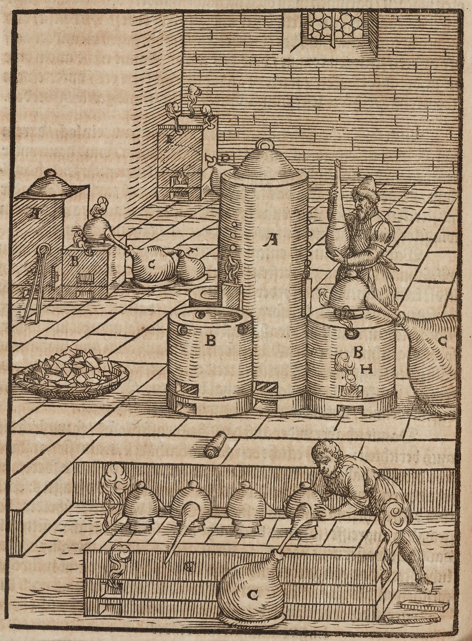 Preparação dos líquidos utilizados para extrair minério de prata do minério de ouro - Gravura tirada de Description des minerais et des principales methodes d