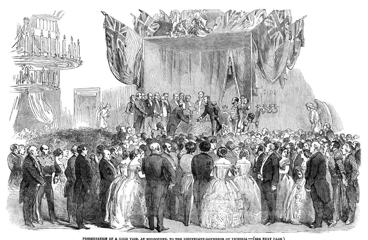 Apresentação de um vaso de ouro, em Melbourne, ao Tenente Governador de Victoria, 1854 de Unbekannt
