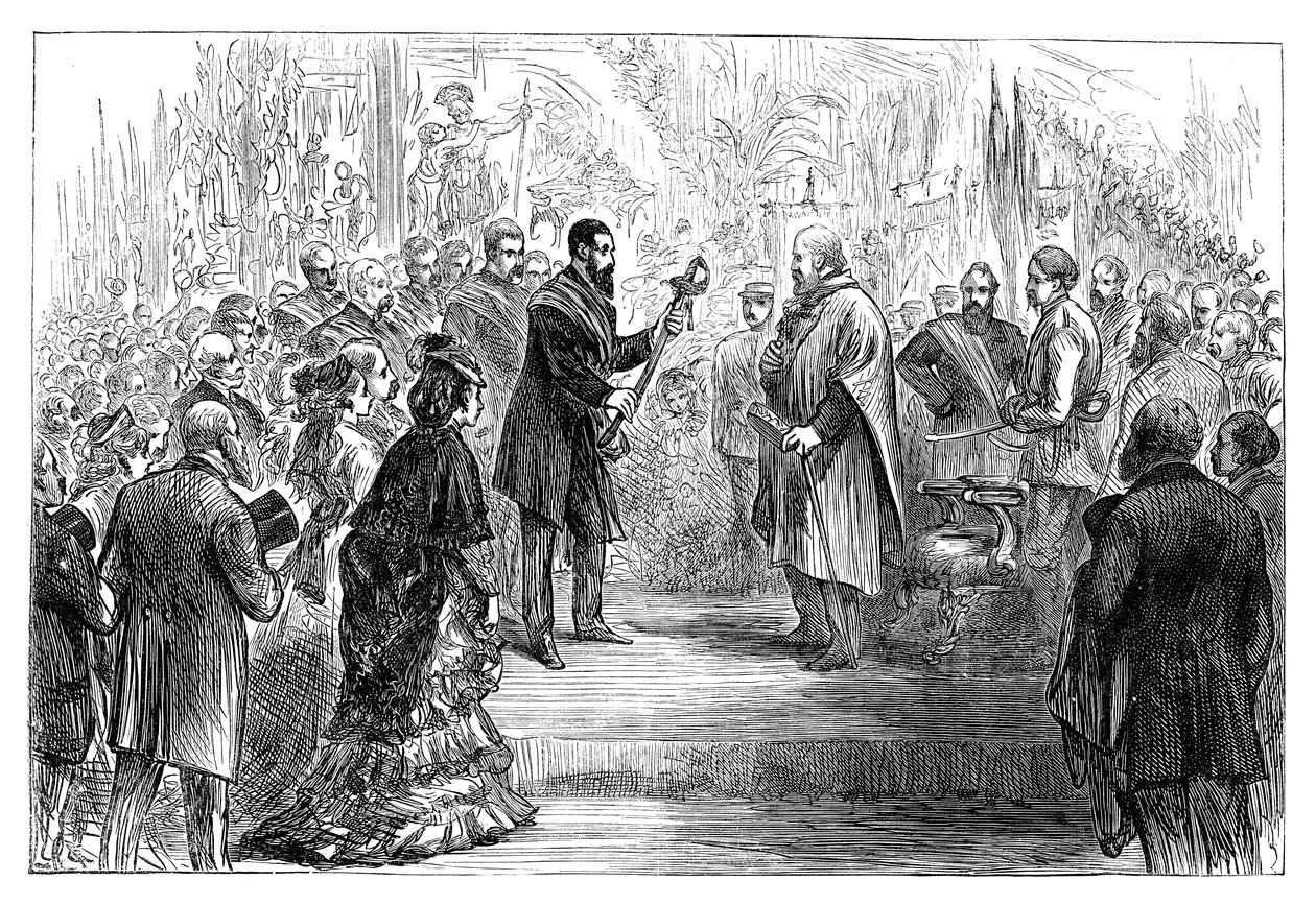Apresentação de uma espada a Giuseppe Garibaldi no Palácio de Cristal, 1864, final do século XIX de Unbekannt