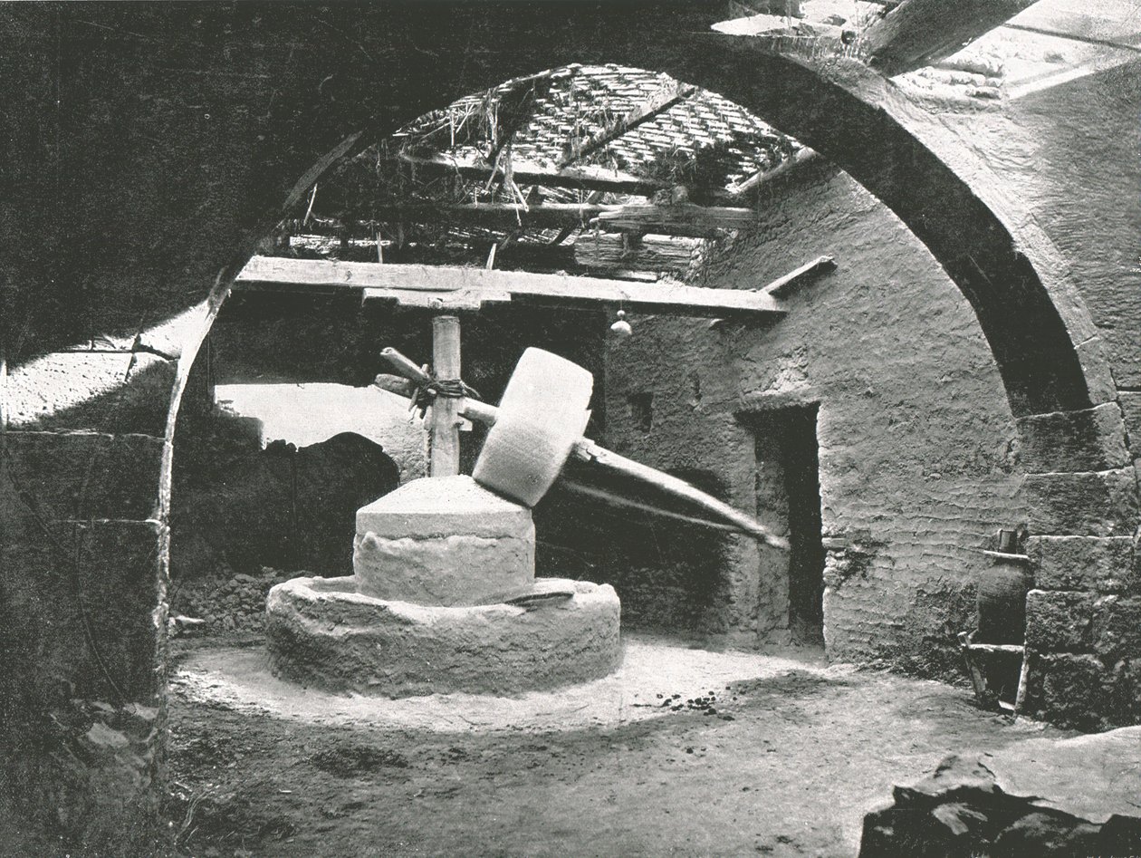 Moinho de milho primitivo, Delta do Nilo, Egito, 1895. de Unbekannt