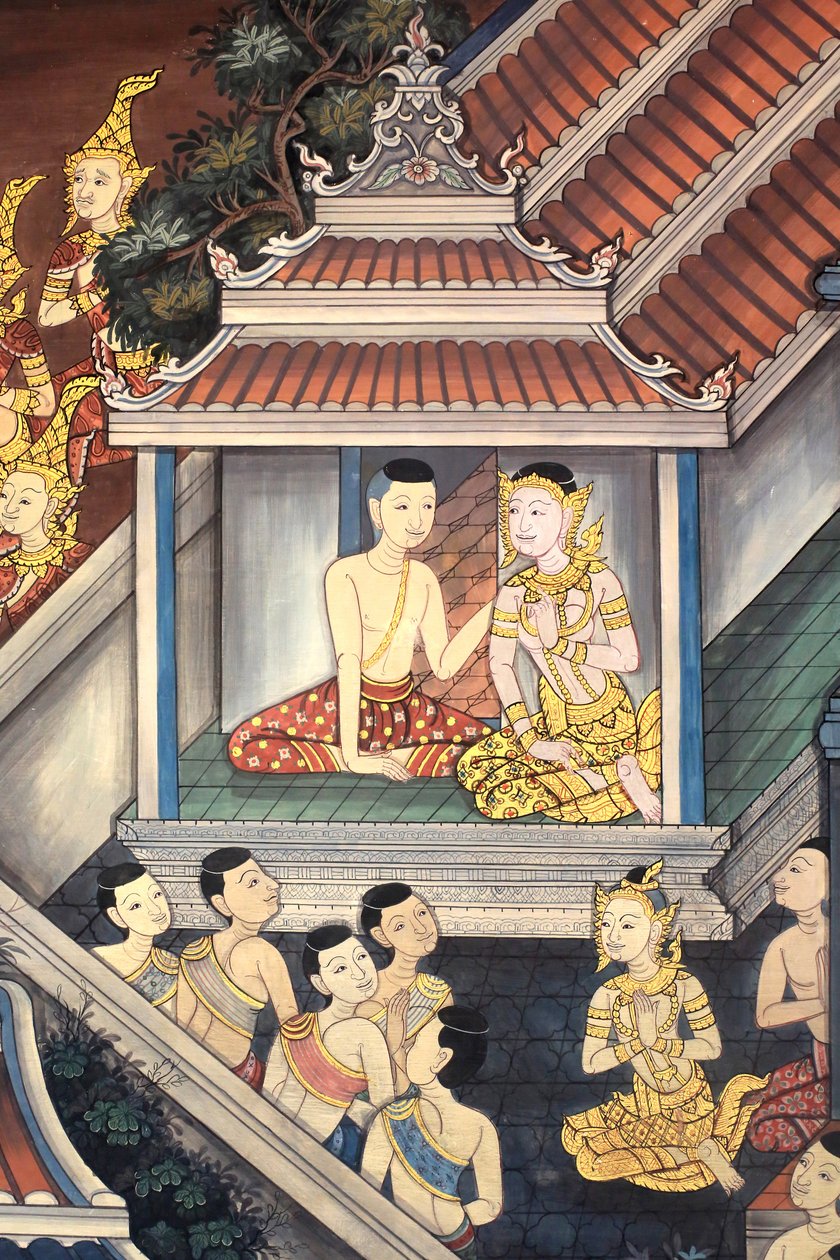 Príncipe Rama e Sita. Detalhe mural nas paredes interiores do Vihara da época do rei Rama III, retratando o Ramakian. Wat Pho - Wat Phra Chettuphon. 1788. Banguecoque. Tailândia de Unbekannt