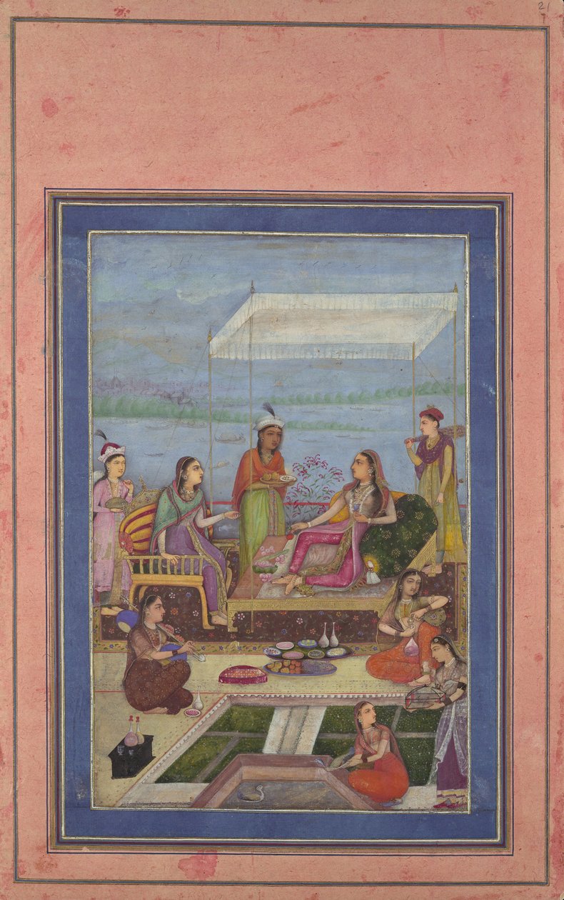 Princess Entertaining a Visitor on the Balcony, Folio from the Davis Album, meados da 2ª metade do século XVII. de Unbekannt