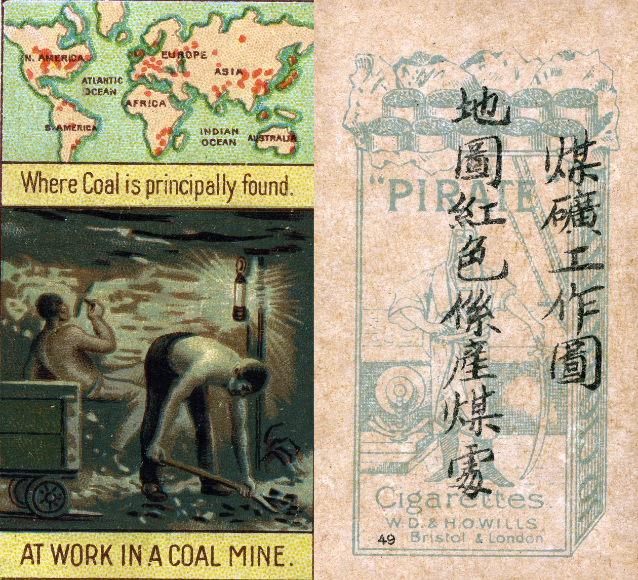 Principais áreas de mineração de carvão, da série de cartões de cigarro "Produtos do Mundo" produzidos pela Wills Cigarros "Pirata" para o mercado chinês de Unbekannt