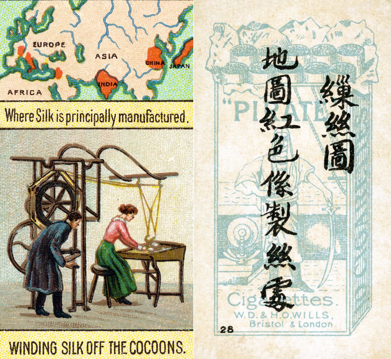 Principais áreas de produção de seda, da série de cartões de cigarro "Produtos do Mundo" produzidos pela Wills Cigarros "Pirata" para o mercado na China de Unbekannt