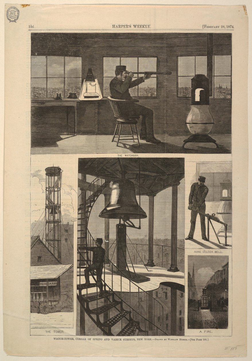 Print, Watch-tower, Corner of Spring and Varick Streets, New York, 28 de fevereiro de 1874 de Unbekannt