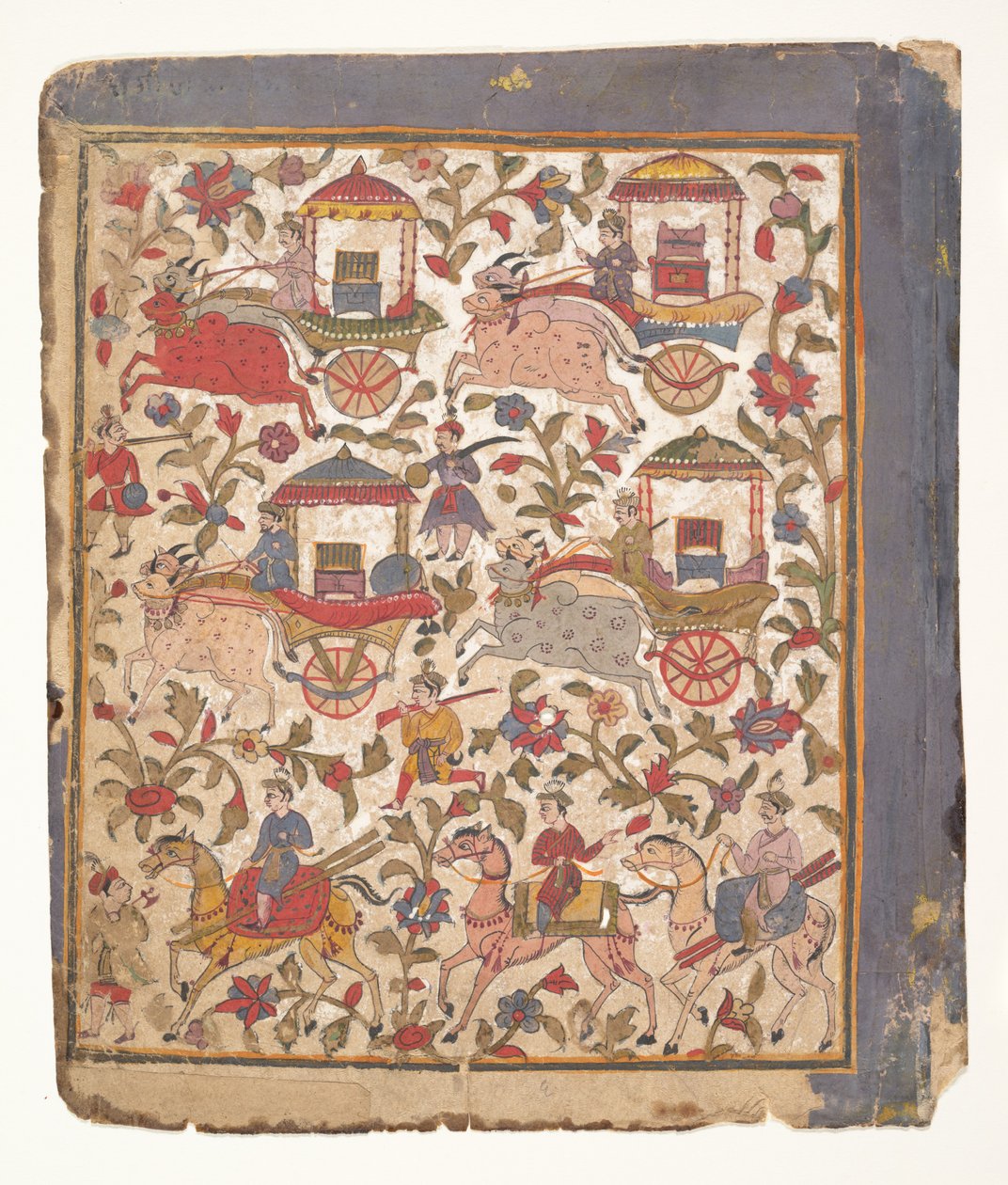 Procissão de carruagens carregando despojos... de um manuscrito disperso do Bhagavata Purana, c1640-50. de Unbekannt