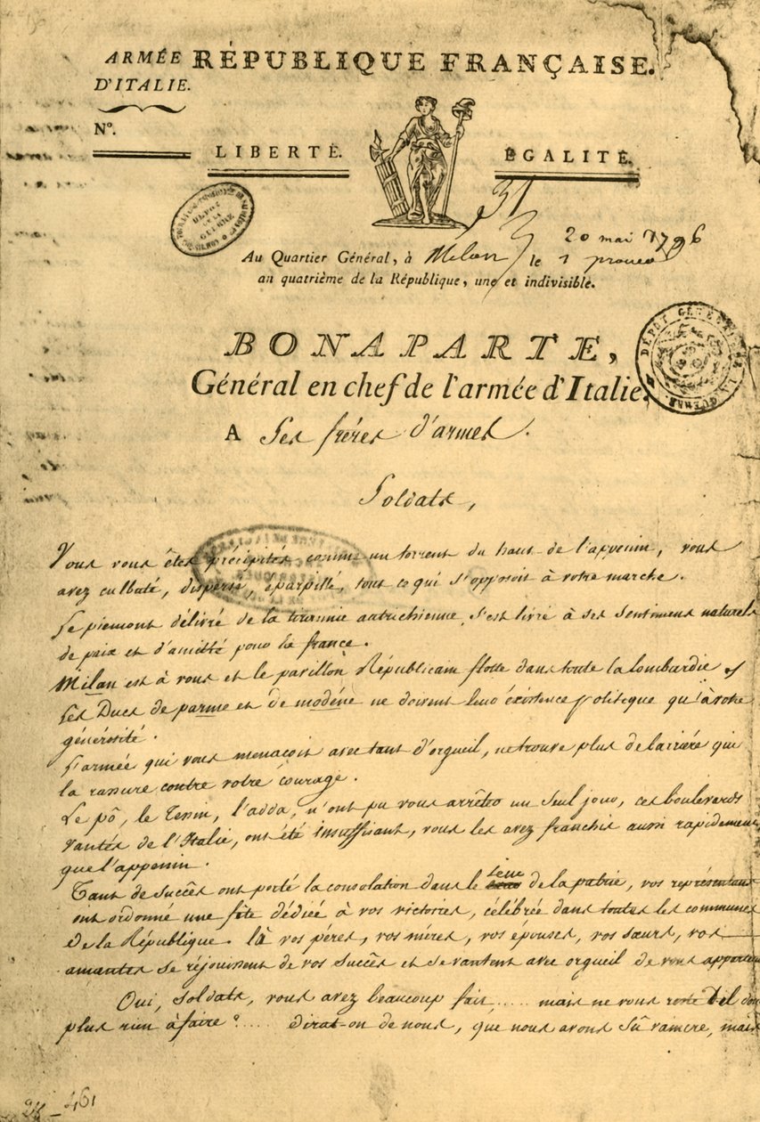 Proclamação de Napoleão a seus irmãos de armas, 20 de maio de 1796, 1921. de Unbekannt
