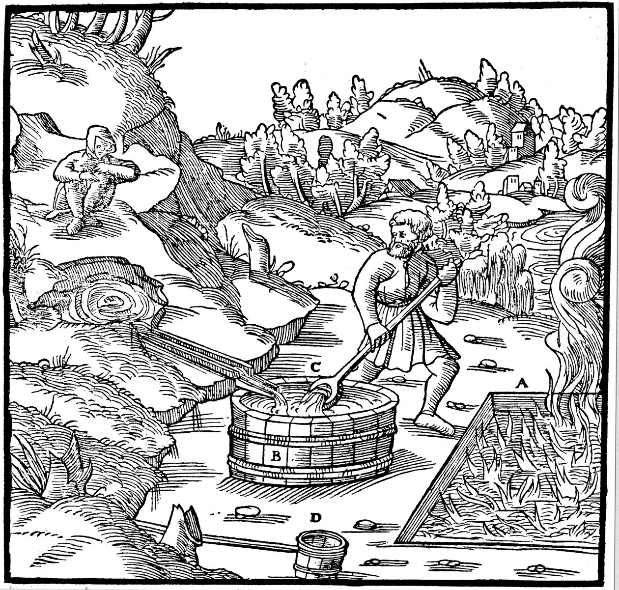 Produção de sal por evaporação de salmoura natural, despejando-o em um poço de carvão queimado, 1556 de Unbekannt